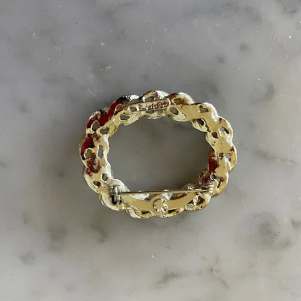 GERRY'S Vintage Gold Tone Pearl Emerald Rhinestone Oval Brooch Pin